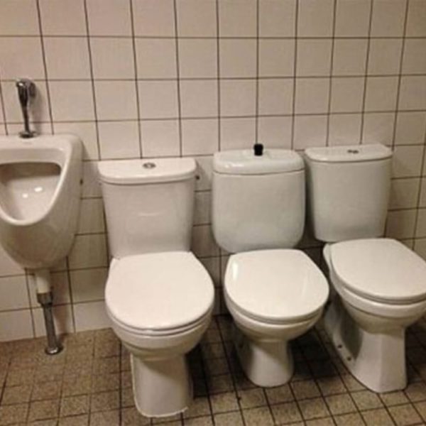 Туалет два раза в день. Три унитазы. Много унитазов. Туалет без перегородок. Унитаз напротив унитаза.